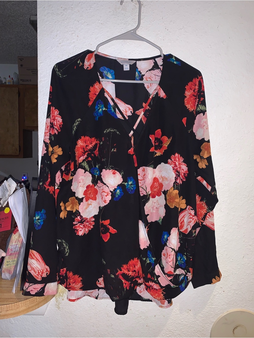 Floral V-Neck Long-Sleeve Blouse in Black with Pink & Red Flowers